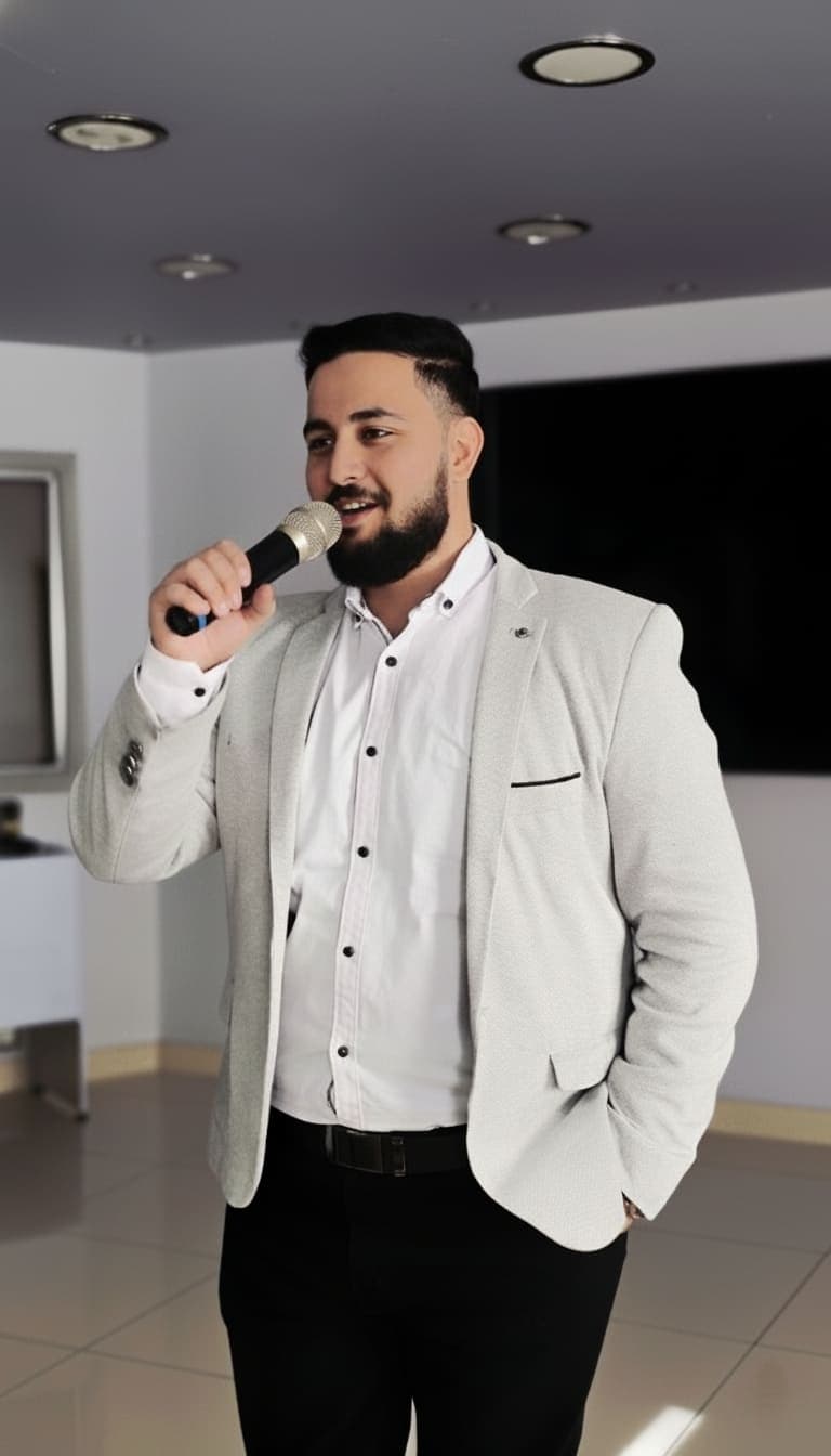 Mahmoud Kokeh speaking into a microphone at a professional event