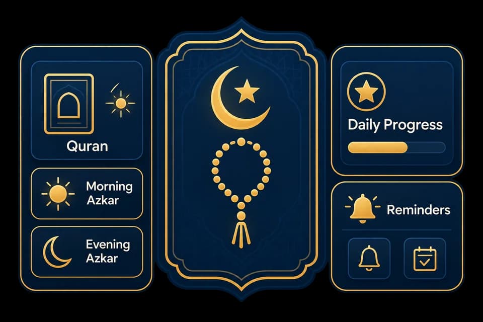 Illustration of a Quran and azkar app with prayer beads, rewards, progress, and reminders