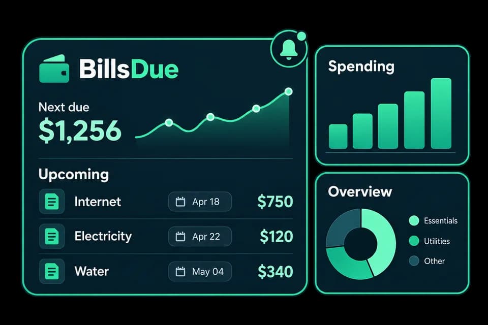 Illustration of a bill tracking dashboard with reminders, upcoming payments, and analytics charts