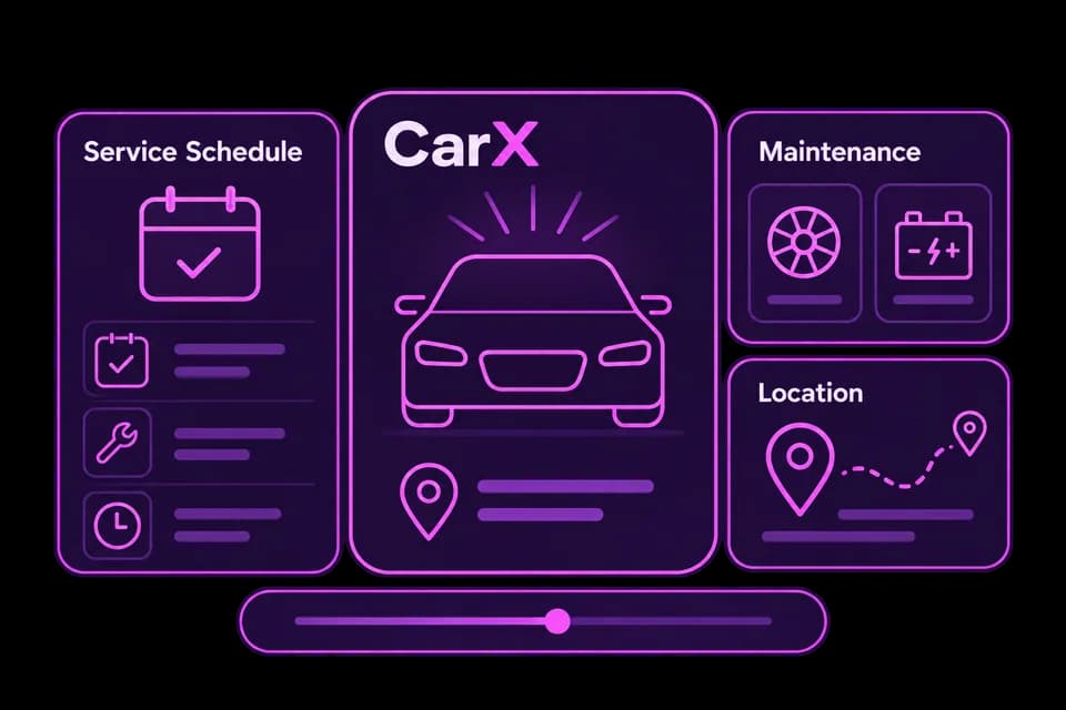 Illustration of an automotive service app with scheduling, maps, AI, and payment tools