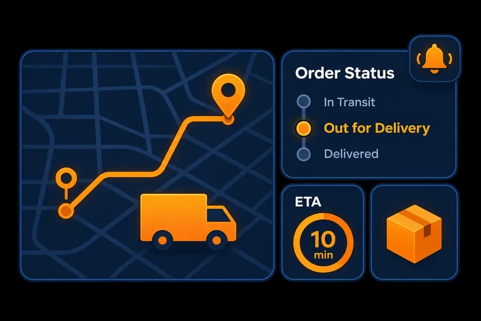 Illustration of a delivery route, tracking map, order status, and estimated arrival time