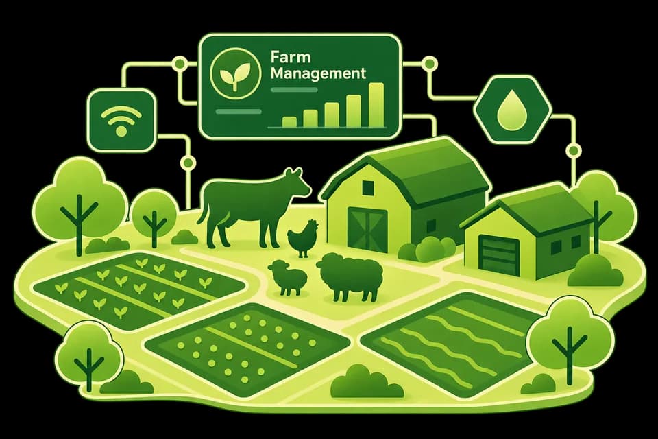 Illustration of a connected farm with fields, livestock, analytics, and monitoring icons