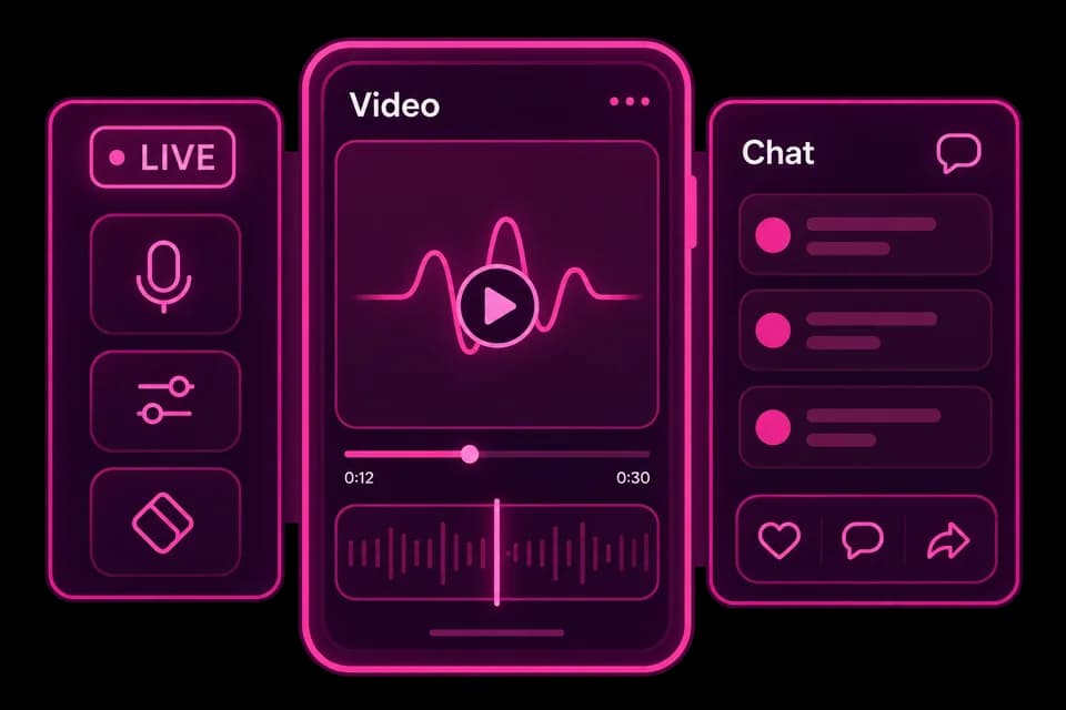 Illustration of a mobile live video interface with social engagement and media controls