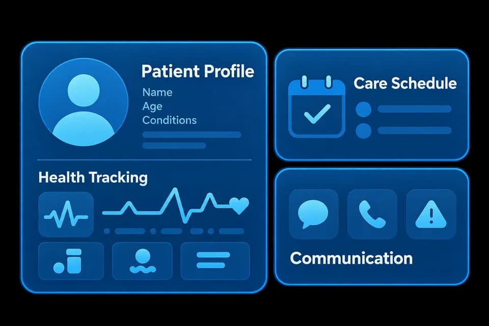 Illustration of patient profiles, care schedules, case tracking, and caregiver communication
