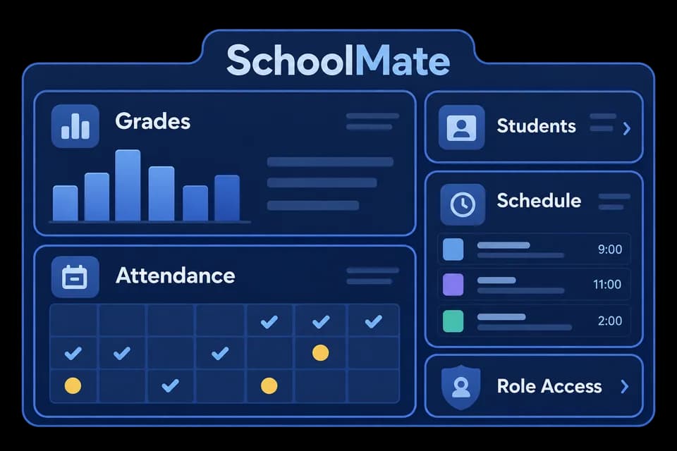 Illustration of a school dashboard with registration, grades, attendance, access, and schedules